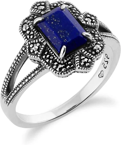 Vista 2 de Anillo de plata de ley 925 Art Deco Lapiz Lazuli y Marcasita