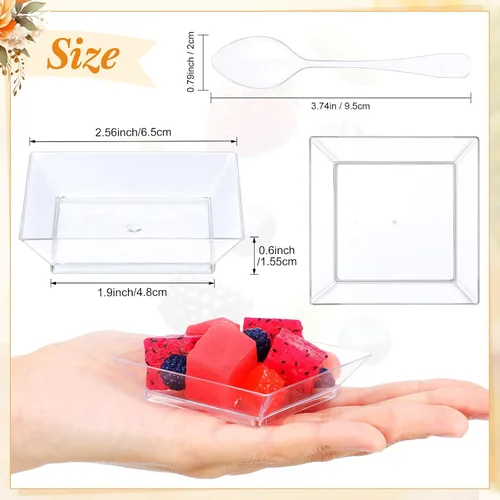 Vista 3 de 300 piezas de mini platos de postre de plástico transparente para aperitivos, plato desechable pequeño con 300 cucharas de degustación, cuadrado, 1