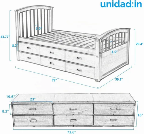 Vista 2 de Cama de almacenamiento con plataforma de madera de tamaño individual con 6 cajones, muebles de dormitorio para niños (roble)