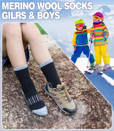 Vista 3 de Calcetines de senderismo de lana merino para niños y niñas, para invierno, cálidos, gruesos, térmicos, calcetines de regalo, 6 pares