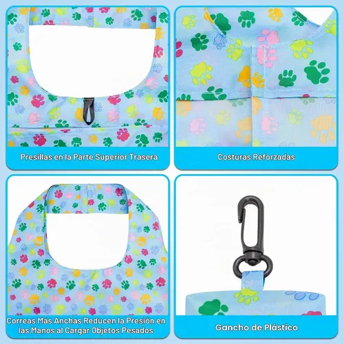Vista 4 de HOLYLUCK Bolsas de comestibles reutilizables, bolsa de compras plegable resistente (estándar, 3 huellas de patas de perro azules)