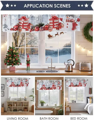 Vista 6 de Cenefa de cortina de muñeco de nieve de Navidad para ventanas, sala de estar, cocina, baño, cafetería, copo de nieve de invierno, ramas de pino