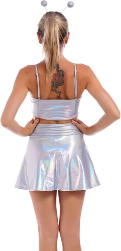 Vista 6 de Top corto holográfico metálico brillante con hombros descubiertos para mujer, blusa de tubo para rave, casual, sin tirantes, chaleco básico sexy