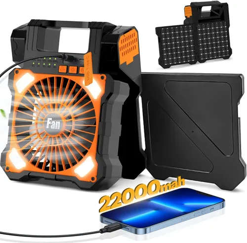 Vista 8 de Ventilador Solar de Camping de 22000mAh, Ventilador Solar Recargable de Doble Panel con Luz LED, 5 Velocidades Ajustables Ventiladores Portátiles