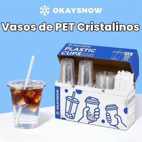 Vista 2 de 100 unidades de vasos de plástico transparente de 16 onzas con tapas y pajitas, caja dispensadora organizada, vasos desechables resistentes