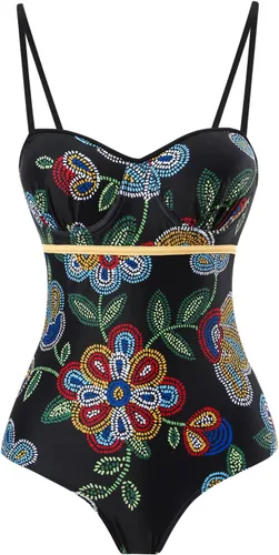 Vista 13 de Women Swimsuits Abstract Printing Notched Square/V Neck Floral Vacation One Piece with Cover Up