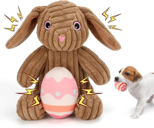Vista 6 de Rypet Juguetes de peluche para perros, conejito de Pascua con huevo, juguete de felpa chirriante para mascotas con papel arrugado, juguetes