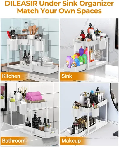 Vista 6 de Organizador para debajo del fregadero y almacenamiento de baño, paquete de 2 unidades, organizador de cesta de gabinete Kicthen de 2 niveles