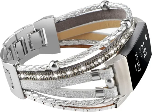 Vista 13 de Elegante correa de cuero compatible con Fitbit Charge 4 Charge 3, pulseras bohemias para mujer, pulseras de joyería multicapa de repuesto para Negro