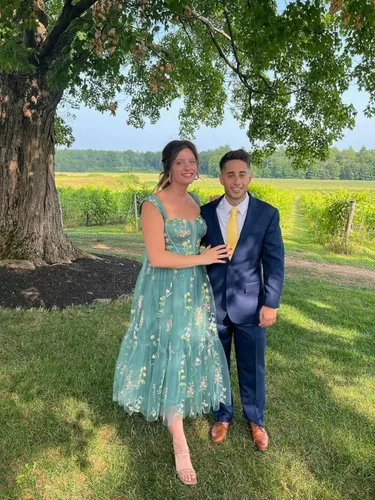 Vista 3 de Basgute Vestidos de graduación de mujer con flores bordadas en tul, longitud al tobillo, corsé, acampanados, de hadas, vestido formal de noche