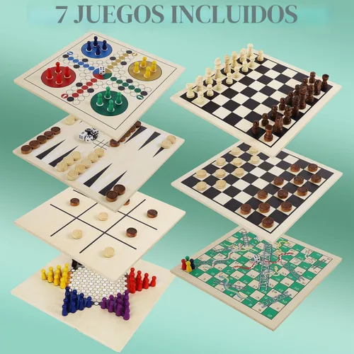 Vista 2 de Juegoal Juego de mesa de madera 7 en 1 para niños y adultos, juego de mesa clásico de viaje portátil