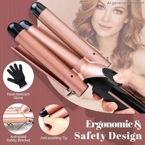Vista 4 de Varita rizadora 5 en 1, rizador de pelo de 3 barriles All-in-One, 30s Rapid Heating, 1H Auto Shut-Off, Anti-Scald, Long-Lasting Volume, Dual