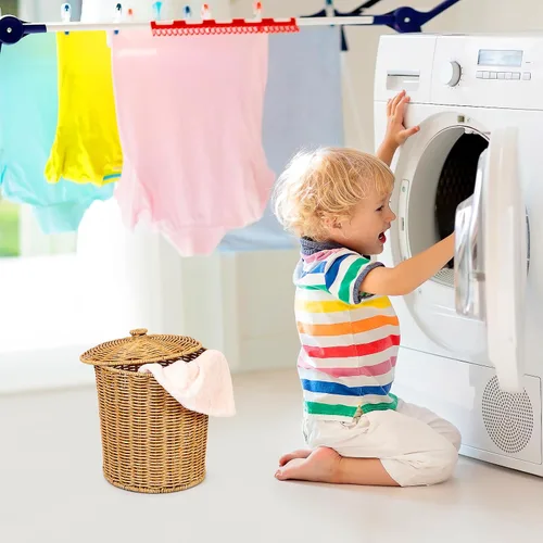 Vista 9 de PRETYZOOM Cesta de lavandería portátil con tapa, papelera tejida de mano, organizador de artículos diversos para dormitorio, baño, almacenamiento