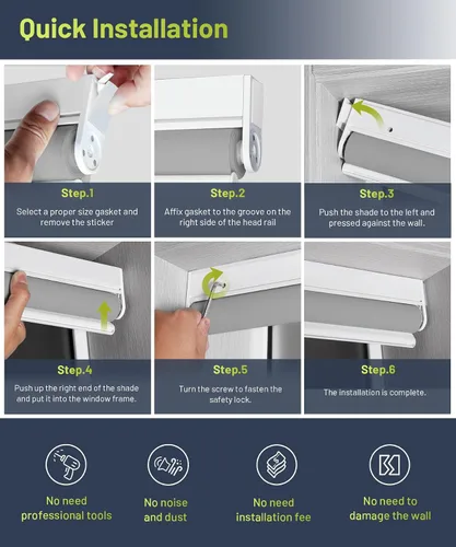 Vista 6 de BlinDecor Persiana enrollable sin taladro, 30 x 72 pulgadas, persianas enrollables opacas para ventanas, enrollables sin cordón para el hogar