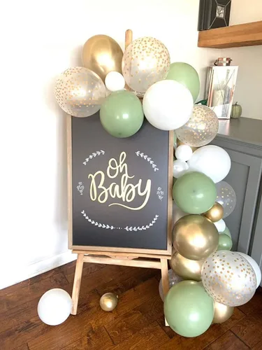Vista 4 de Guirnalda de globos de látex retro de aguacate verde frijol verde, globos metálicos dorados con temática de selva, baby shower, decoración de fiesta