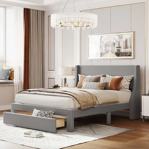 Vista 9 de Anwick Base de cama de terciopelo de tamaño matrimonial con cajón de almacenamiento, cama moderna tapizada con cabecera y listones de madera maciza