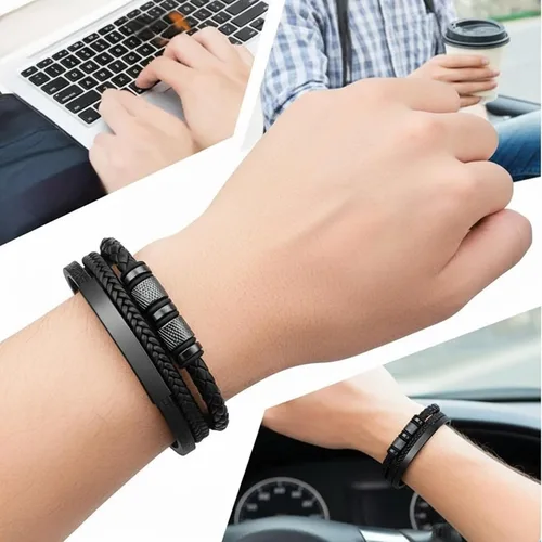 Vista 3 de Solza Unisex Leather Bracelet – Adjustable Multi-Layer or Chain Link Design, 316 Stainless Steel & Genuine Leather, Fashion Jewelry Accessory for