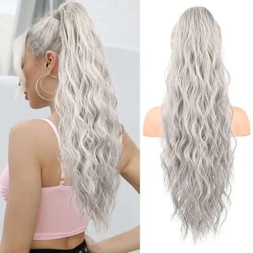 Vista 41 de FLUFYMOOZ Extensión de cola de caballo de 22 pulgadas, extensiones de cabello sintético ondulado largo y rizado para mujer