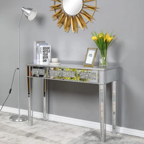 Vista 3 de Mesa de tocador plateada con 3 cajones, acabado de cajón de diamante brillante, mesa auxiliar de espejo para pasillo, sala de estar, tocador