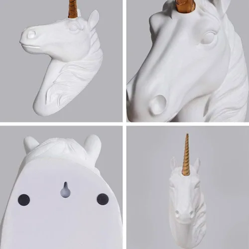 Vista 4 de Cabeza de unicornio para montaje en pared, escultura de cabeza de unicornio blanca con cuerno de oro, cabeza de animal de resina sintética