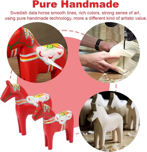 Vista 3 de Plplaaoo 1 par de caballos de madera de Dala de Europa, estatua de caballos de madera suecos, pintada a mano, decoración de caballo Dala sueco rojo