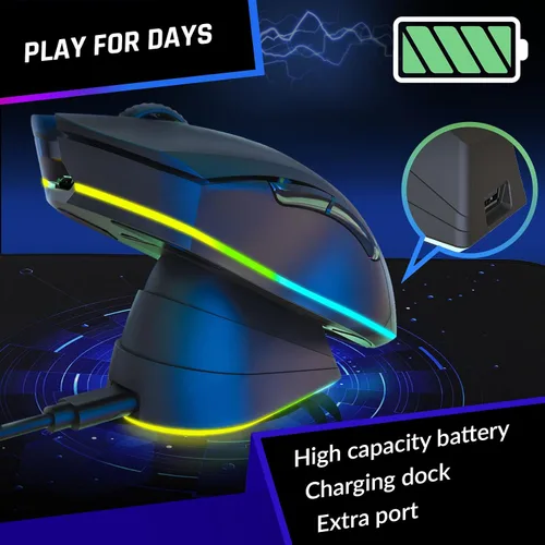 Vista 4 de KLIM Blaze Pro - Mouse inalámbrico recargable para juegos con base de carga RGB sensor de alta precisión y batería de larga duración hasta 6000