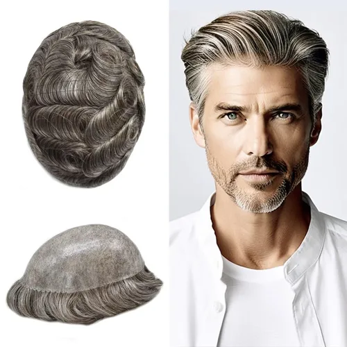 Vista 484 de Toupee para hombre 100% cabello humano real tupé para hombres 0.004 in piel de poliuretano para hombre, sistema de reemplazo de piezas de pelo