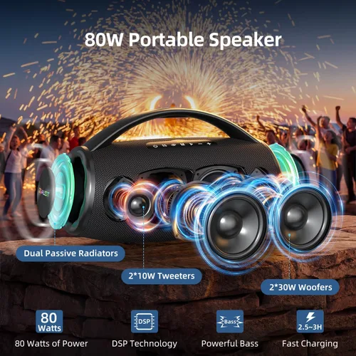 Vista 8 de ZEALOT Altavoz Bluetooth portátil para playa de 80 W, altavoz inalámbrico Bluetooth, altavoz impermeable IP67 para exterior/hogar, sonido estéreo