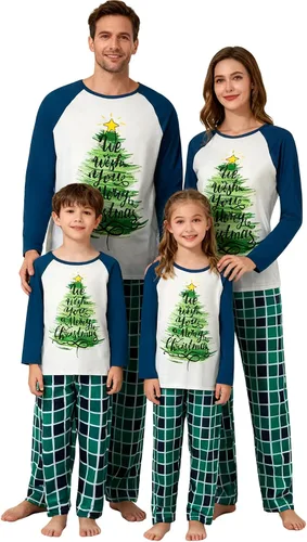 Vista 26 de Awoscut - Conjunto de pijamas navideños a juego, con estampado en la parte superior y pantalones a cuadros #B-7