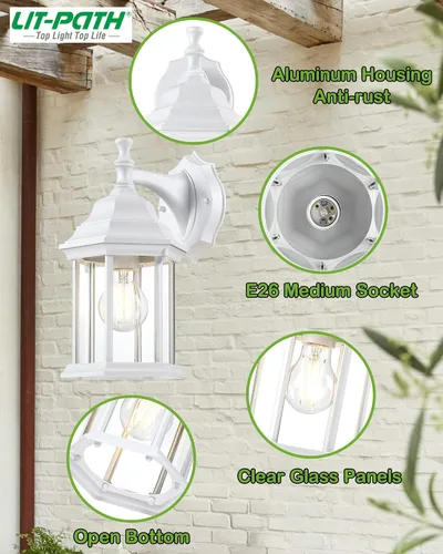 Vista 2 de LIT-PaTH Farol de pared para exteriores, aplique de pared como accesorio de iluminación de porche, base mediana E26 máximo 60 W, carcasa de aluminio