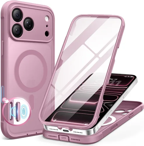 Vista 26 de BERFY Funda para iPhone 17 Pro Max, compatible con MagSafe, protector de pantalla de vidrio integrado, protección de cámara, funda de cuerpo