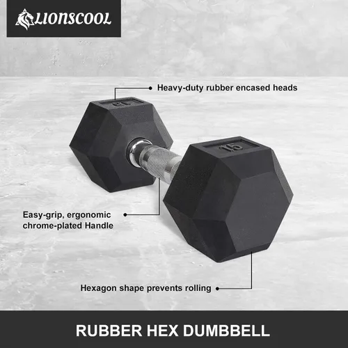 Vista 2 de LIONSCOOL - Mancuernas hexagonales de goma con mango de metal para entrenamiento de fuerza y resistencia, desarrollo de musculatura y entrenamiento