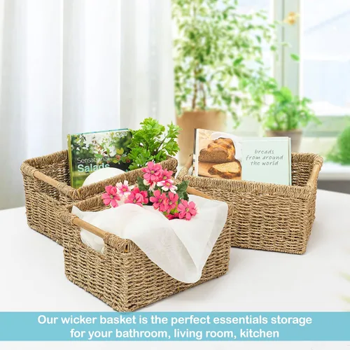 Vista 6 de Cesta de hierba marina natural con mango de madera, cesta de mimbre rectangular mediana para sala de estar, 12.2 x 8.9 x 6.7 pulgadas, paquete de 3