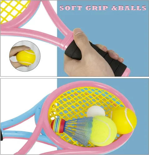 Vista 5 de Raquetas de tenis para niños con bolsa de transporte, pelotas de entrenamiento suaves y pájaros de bádminton, juego de regalo de raquetas de tenis