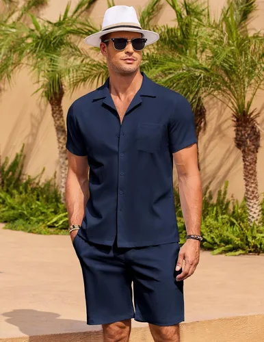 Vista 2 de COOFANDY Conjunto de 2 piezas para hombre, camisas de manga corta con botones, trajes casuales de playa