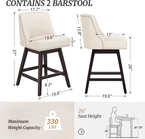 Vista 2 de Cozyman Juego de 2 taburetes de bar de 26 pulgadas, taburetes giratorios de contador color marfil con respaldo, taburetes de bar tapizados de cuero