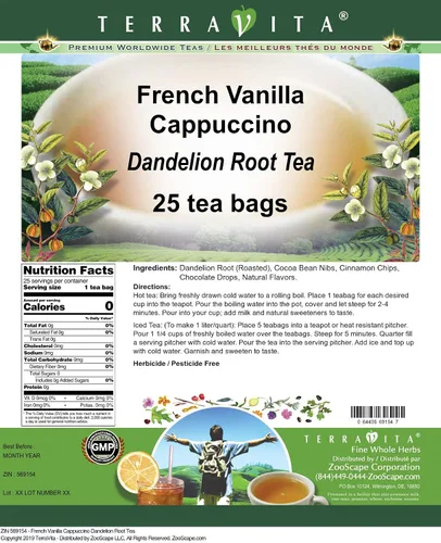 Vista 2 de Té de raíz de diente de león de vainilla francesa Cappuccino (25 bolsitas de té, ZIN: 569154)