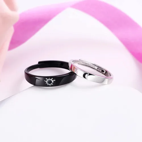 Vista 3 de Beydodo Anillos de plata 925 personalizados ajustables con sol y luna a juego grabados I LOVE YOU Anillos para parejas Anillos de boda
