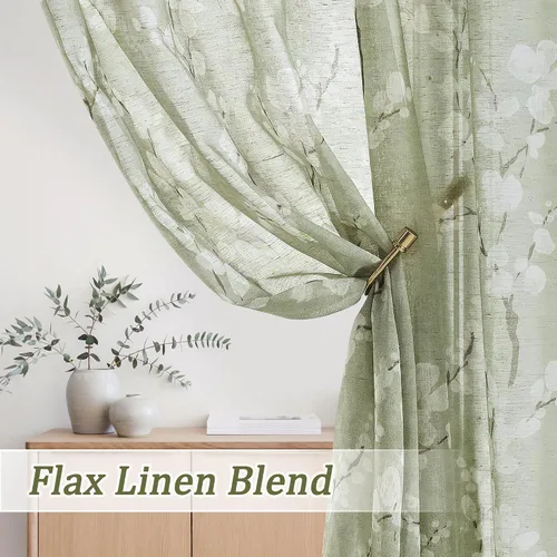 Vista 4 de FMFUNCTEX Cortinas de lino transparentes para dormitorio, cortinas con estampado de flores verde salvia de 84 pulgadas de largo para sala de estar