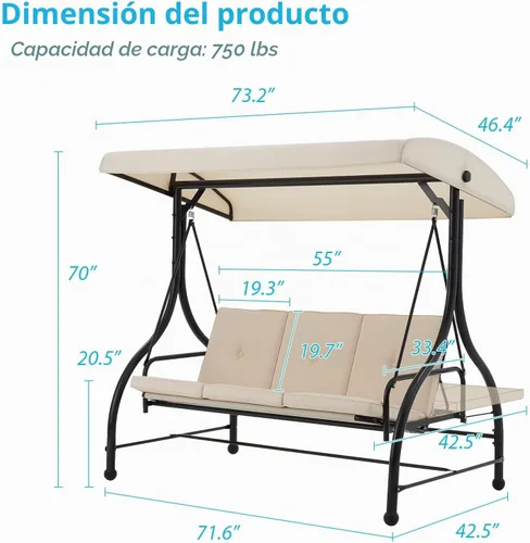 Vista 5 de AECOJOY Columpio de patio al aire libre de 3 asientos con toldo, hamaca de porche convertible, respaldo ajustable, cojines extraíbles y soporte