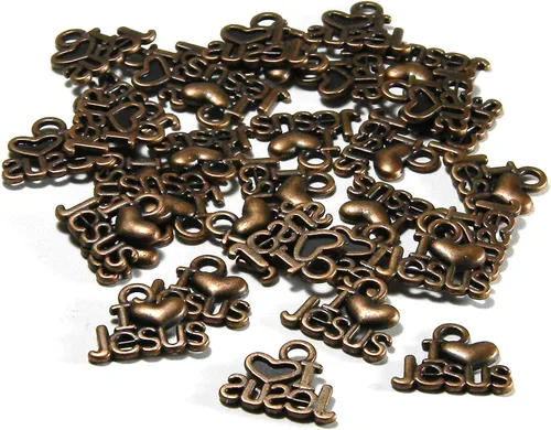 Vista 4 de 30 dijes de joyería cristiana I Love Jesus con base de estaño chapado en corazón (chapado en bronce antiguo)