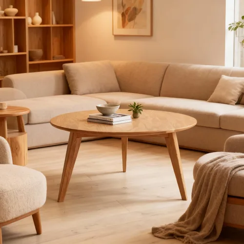Vista 23 de Juego de mesa de café 100% de madera de roble macizo, mesa de café redonda combinada mesa auxiliar con patas de madera maciza, mesa de mediados