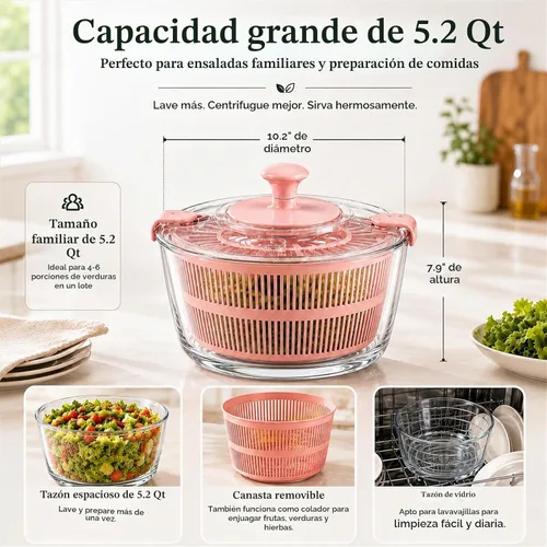 Vista 2 de Ensalada de cristal grande de 5.2 cuartos de galón con tapa de Rosa