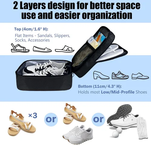 Vista 5 de Aosbos Bolsas de zapatos de 2 capas para viajes con funda de carretilla, bolsa portátil para almacenamiento de zapatos, cubos de embalaje de zapatos