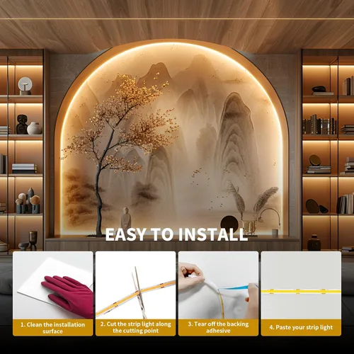 Vista 7 de COB - Tira de luz LED de 40 pies/39.4 ft (1 rollo), blanco cálido, 3000 K, alto lumen, CRI 90+ con adaptador de corriente con certificación UL