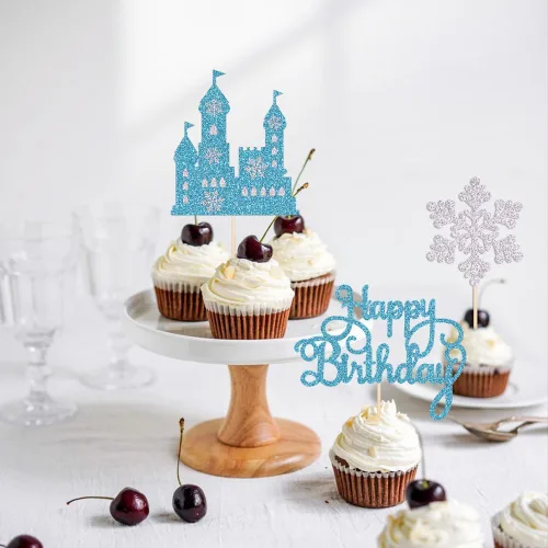Vista 4 de Decoración de pastel de cumpleaños de castillo congelado, 3 piezas de decoración de pastel temático de invierno del país de las maravillas
