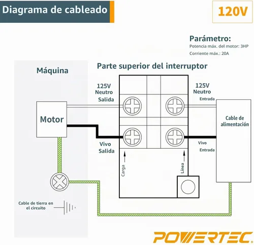 Vista 7 de Powertec 120V/230V Interruptor de paleta de voltaje dual con tornillos, 28 amperios, palanca de rodilla para herramientas eléctricas