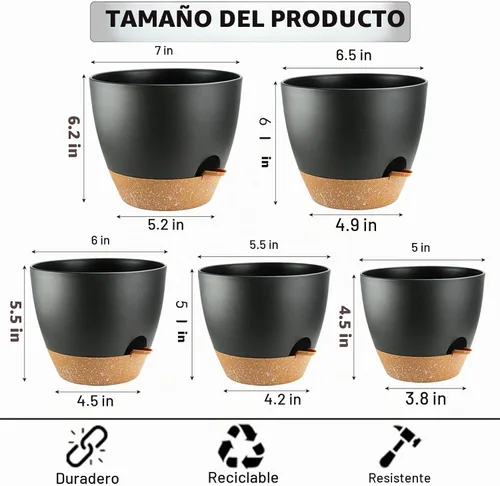 Vista 3 de Macetas de riego automático con orificio de drenaje, macetas para plantas de flores para interiores y exteriores, macetas de plástico negro