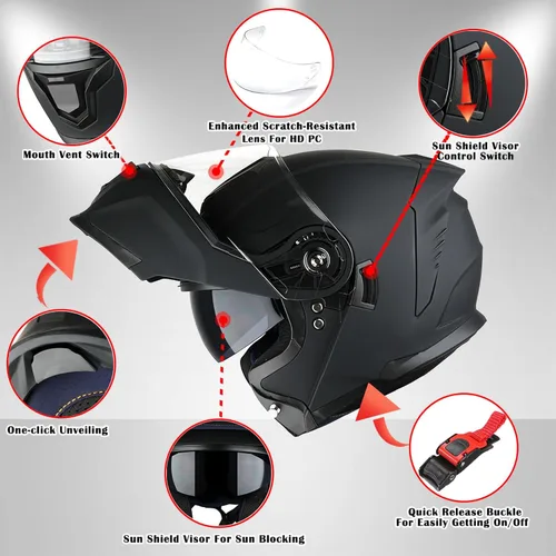 Vista 3 de 1Storm Casco modular de motocicleta para calle con doble visera abatible, protección solar de cara completa HJK920