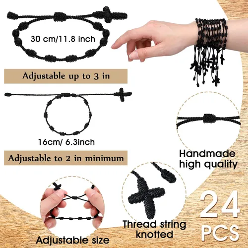 Vista 2 de Otuuz 24 pulseras de rosario católico negro hechas a mano con cruz de rosario para hombres y mujeres, 10 nudos con recuerdos de mano de bautizo